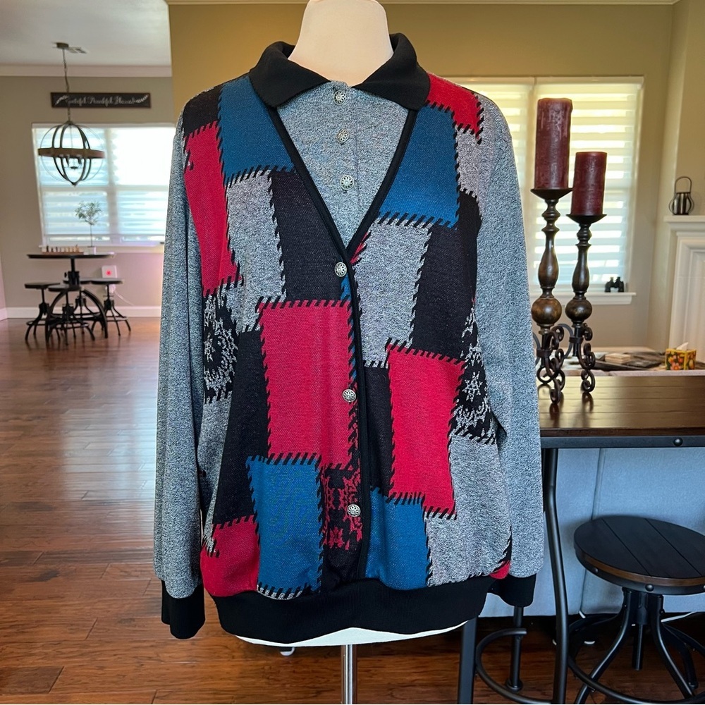 VTG Alfred Dunner Women's 2X Patchwork Cardigan Sweater USA Grannycore Top